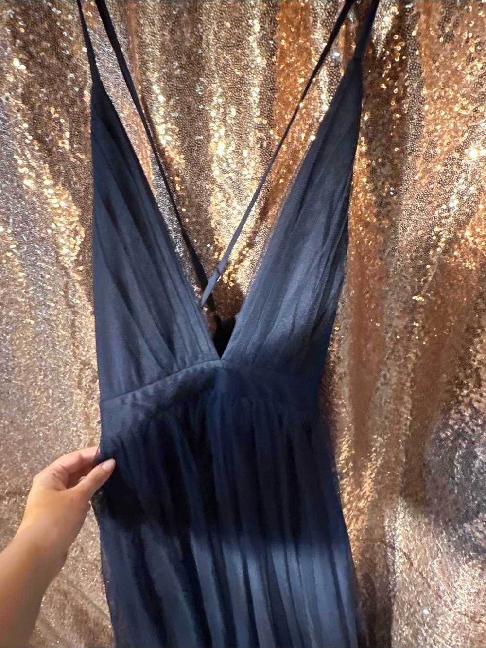 Navy V-Neck Spaghetti Strap Tulle Maxi Dress - Picture 3 of 5
